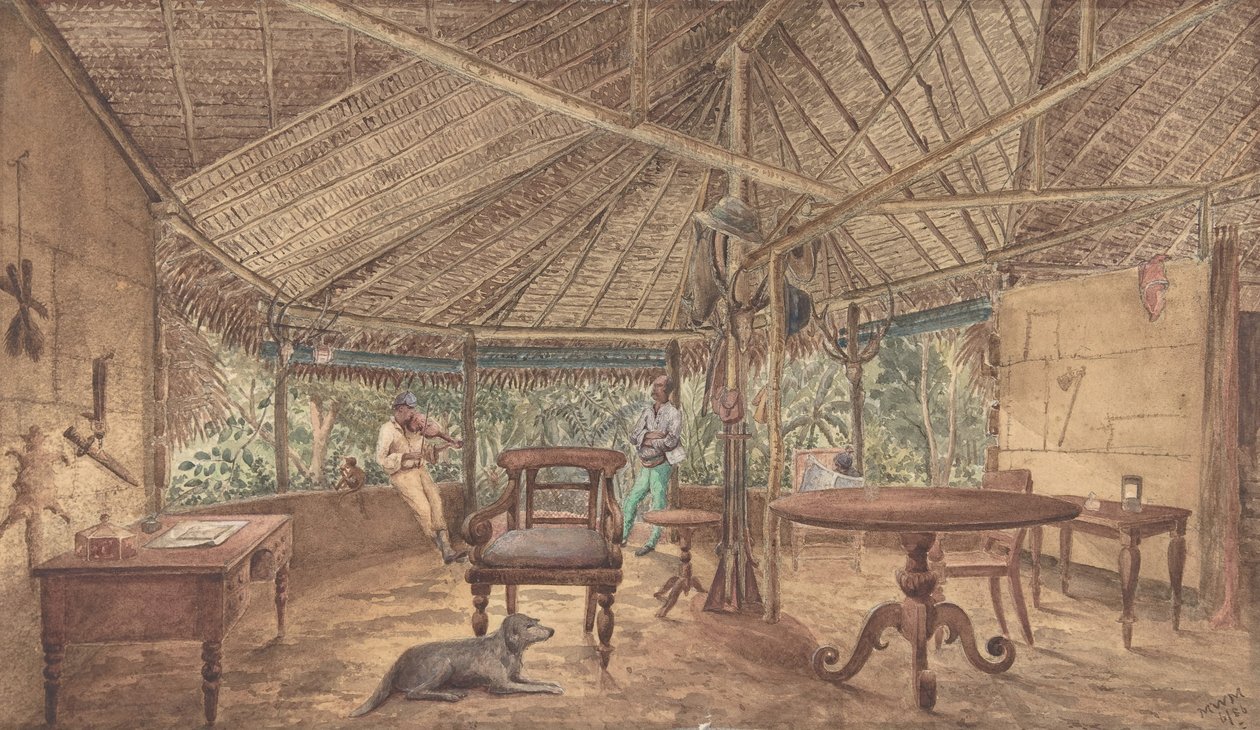 Europeiska män i en afrikansk djungelloge, 1886. av Unbekannt
