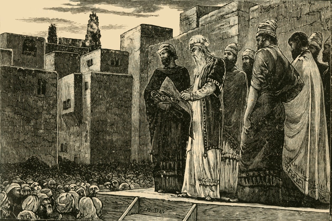 Ezra läser lagen för judarna, 1890. av Unbekannt
