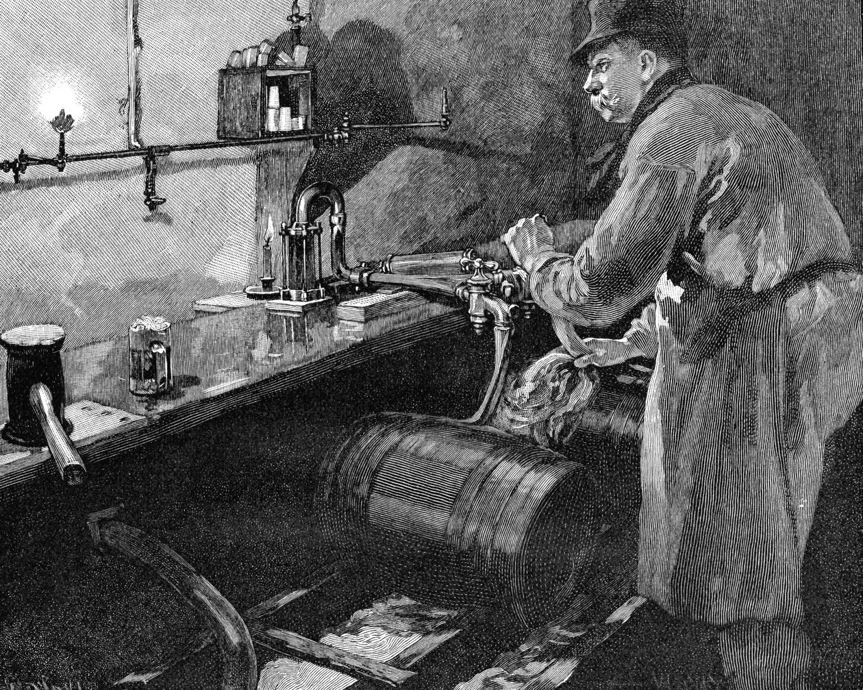 Fyllning av ölfat i ett amerikanskt bryggeri, 1885 av Unbekannt