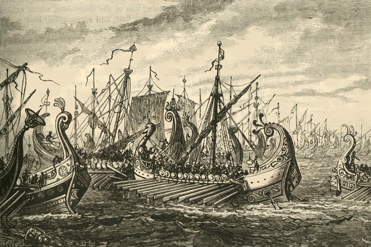 Grekiska Triremes vid slaget vid Salamis, 1890. av Unbekannt