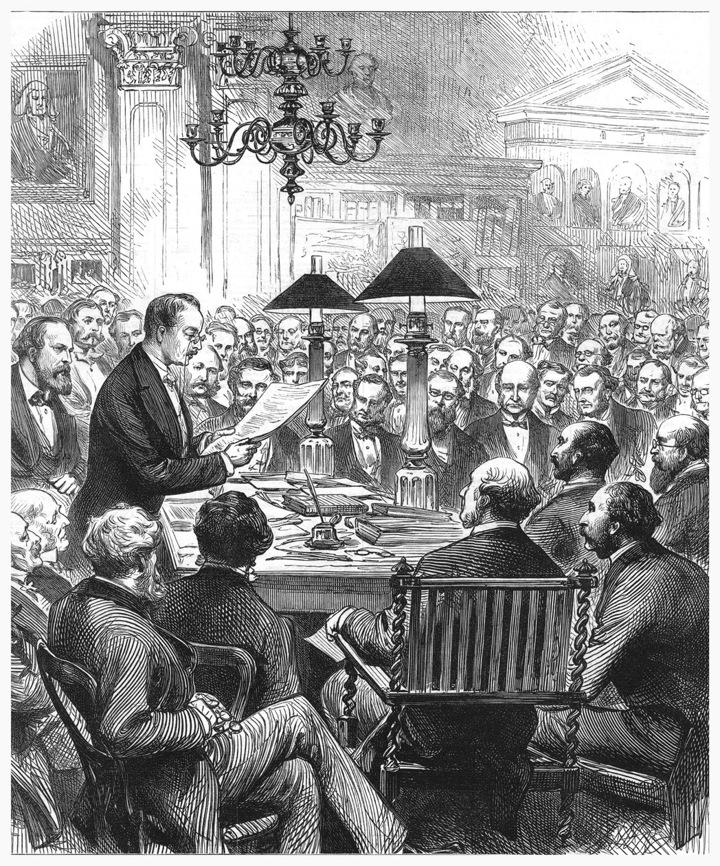Heinrich Schliemann föreläser i London, 1877 av Unbekannt