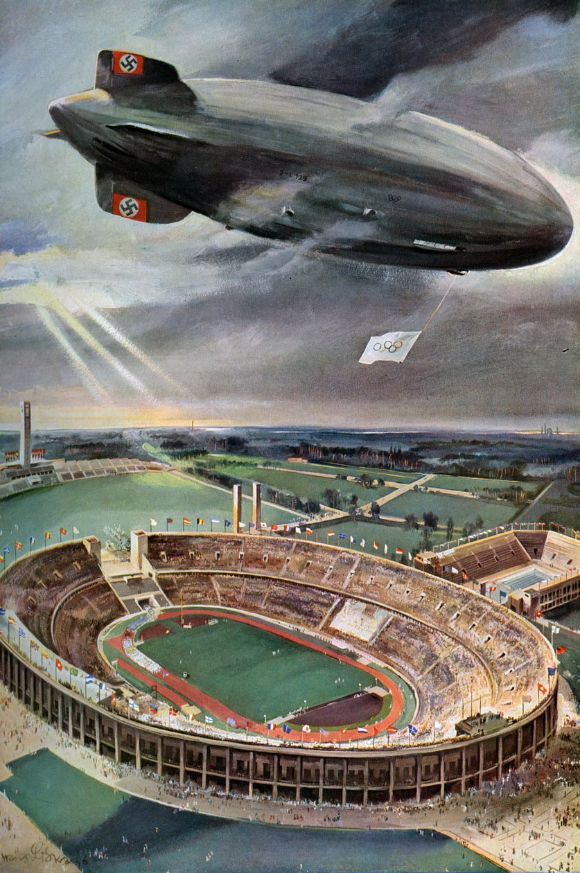 Hindenburg zeppelin ovanför Olympiastadion, Berlin, 1936 av Unbekannt