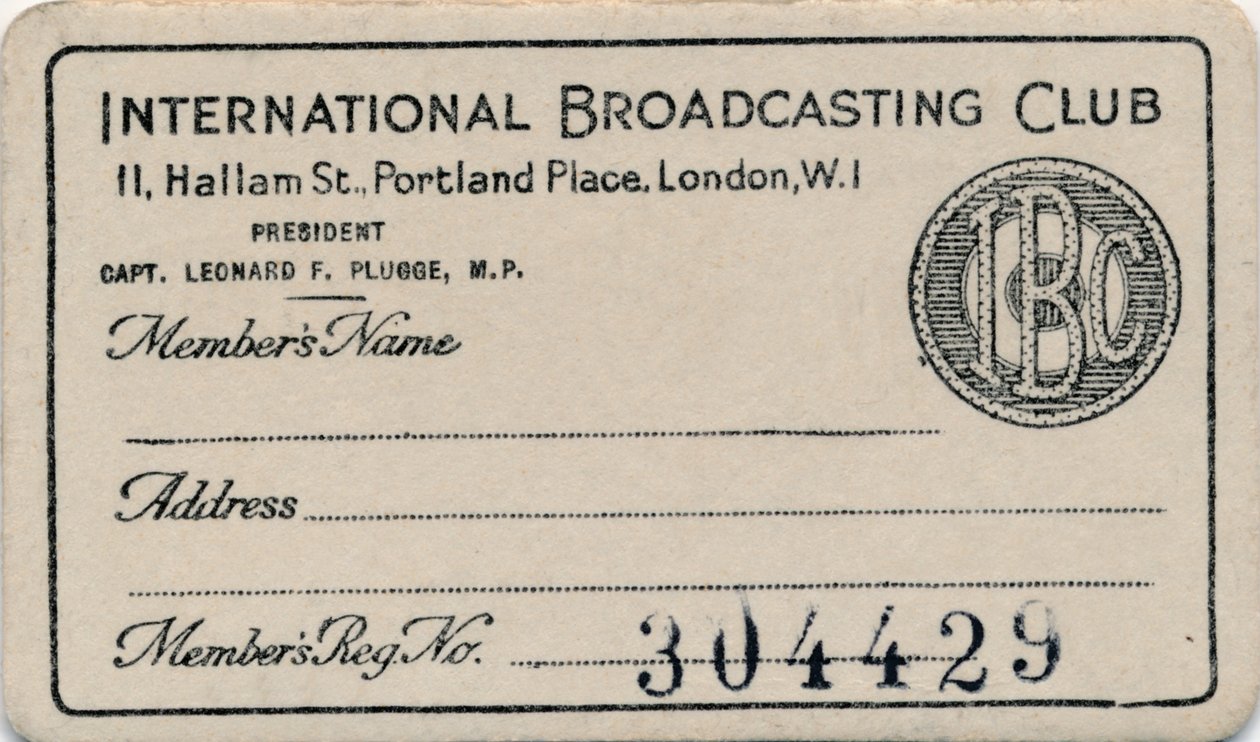 International Broadcasting Club: Medlemskort, c1930-talet av Unbekannt