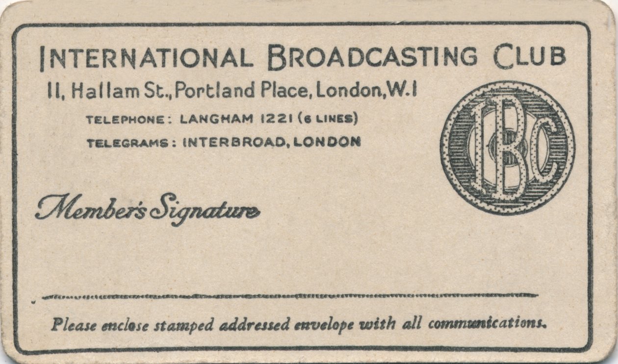 International Broadcasting Club: Medlemskort, c1930-talet av Unbekannt
