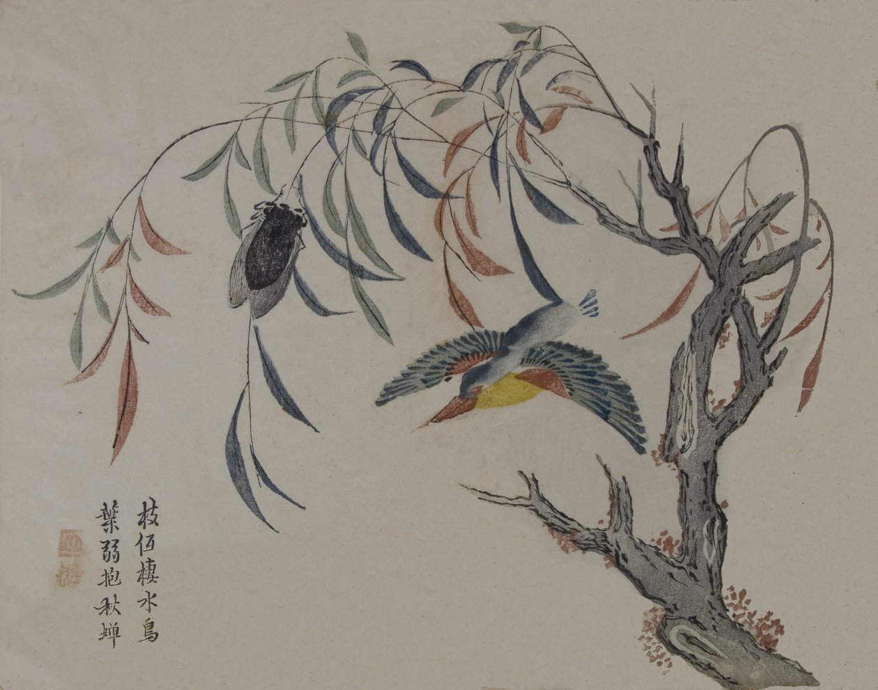 Kingfisher, Cicada och Willow Tree, 1800-talet. av Unbekannt