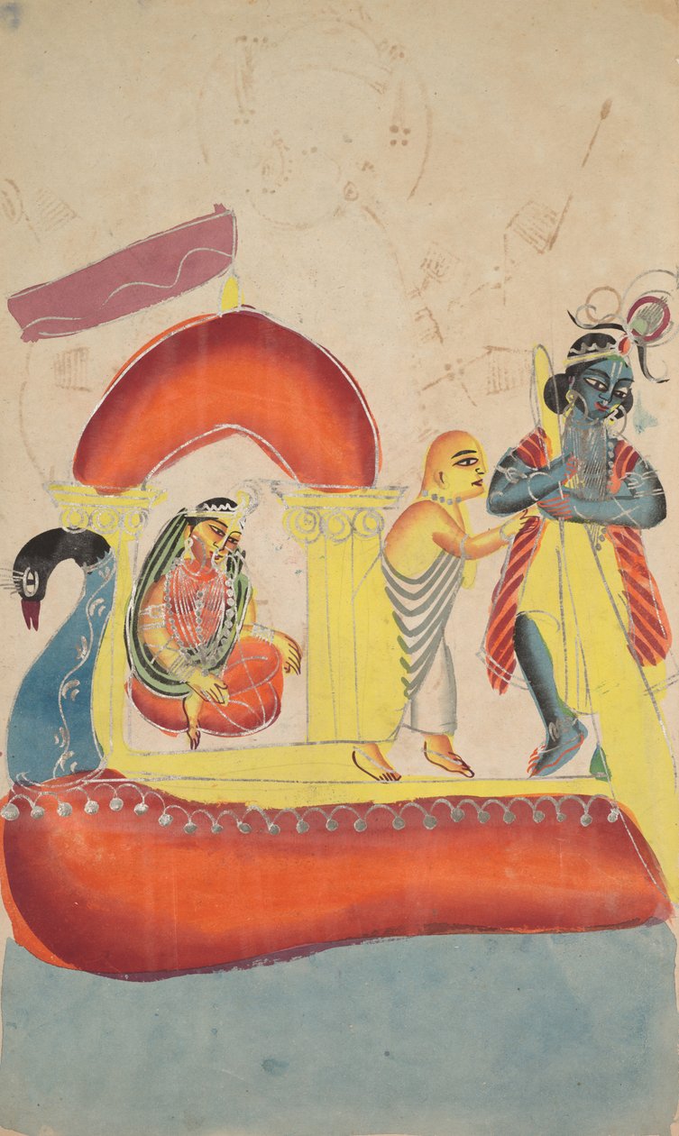 Krishna färja Radha över Yamunafloden, 1800-talet. av Unbekannt