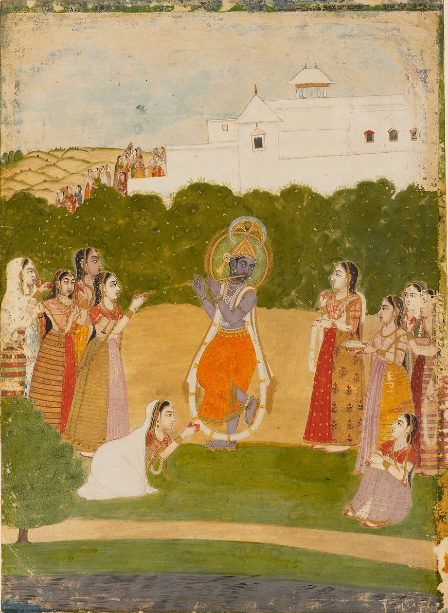 Krishna bredvid en flod som spelar flöjt, c1720 av Unbekannt