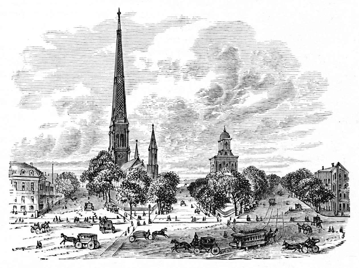 Main Street, Buffalo, mittemot kyrkorna, 1883 av Unbekannt