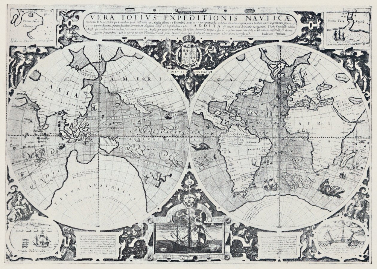 Karta som visar Drakes Voyage of Circumnavigation 1577-1580, 1923. av Unbekannt