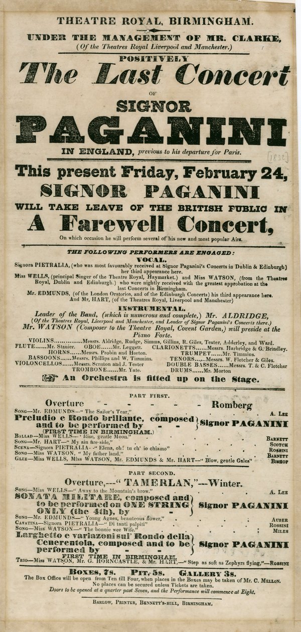 Niccolo Paganini - playbill av Unbekannt