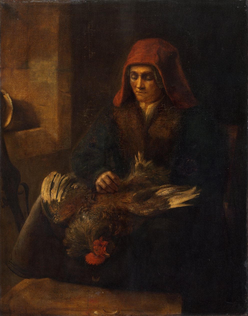 Gammal kvinna som plockar en fågel, 16501655. av Unbekannt