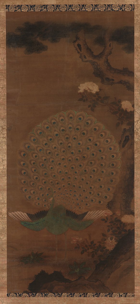 Påfågel, pioner och tall, Edo-perioden, 1615-1868. av Unbekannt