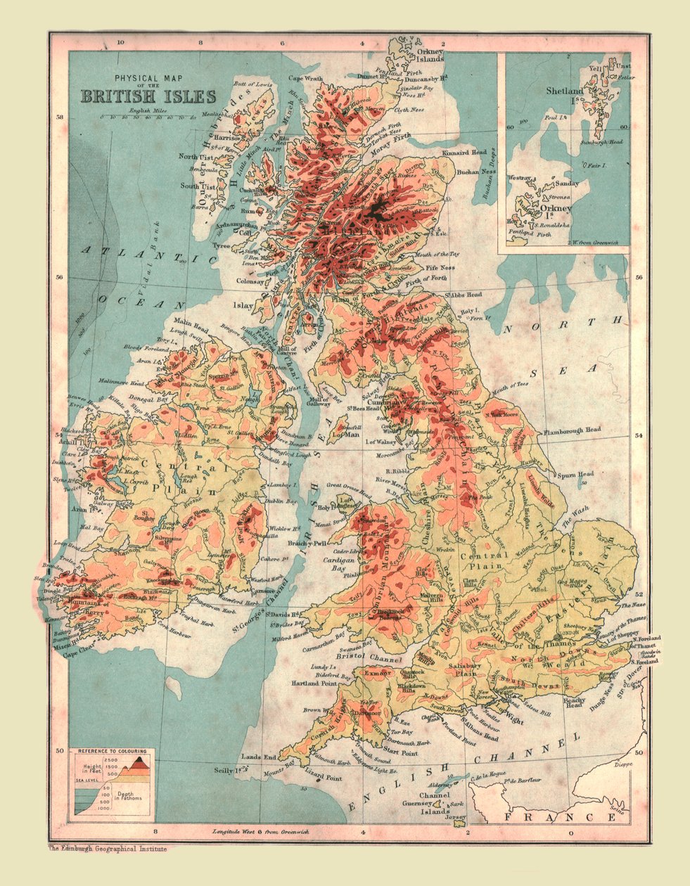 Fysisk karta över de brittiska öarna, 1902. av Unbekannt