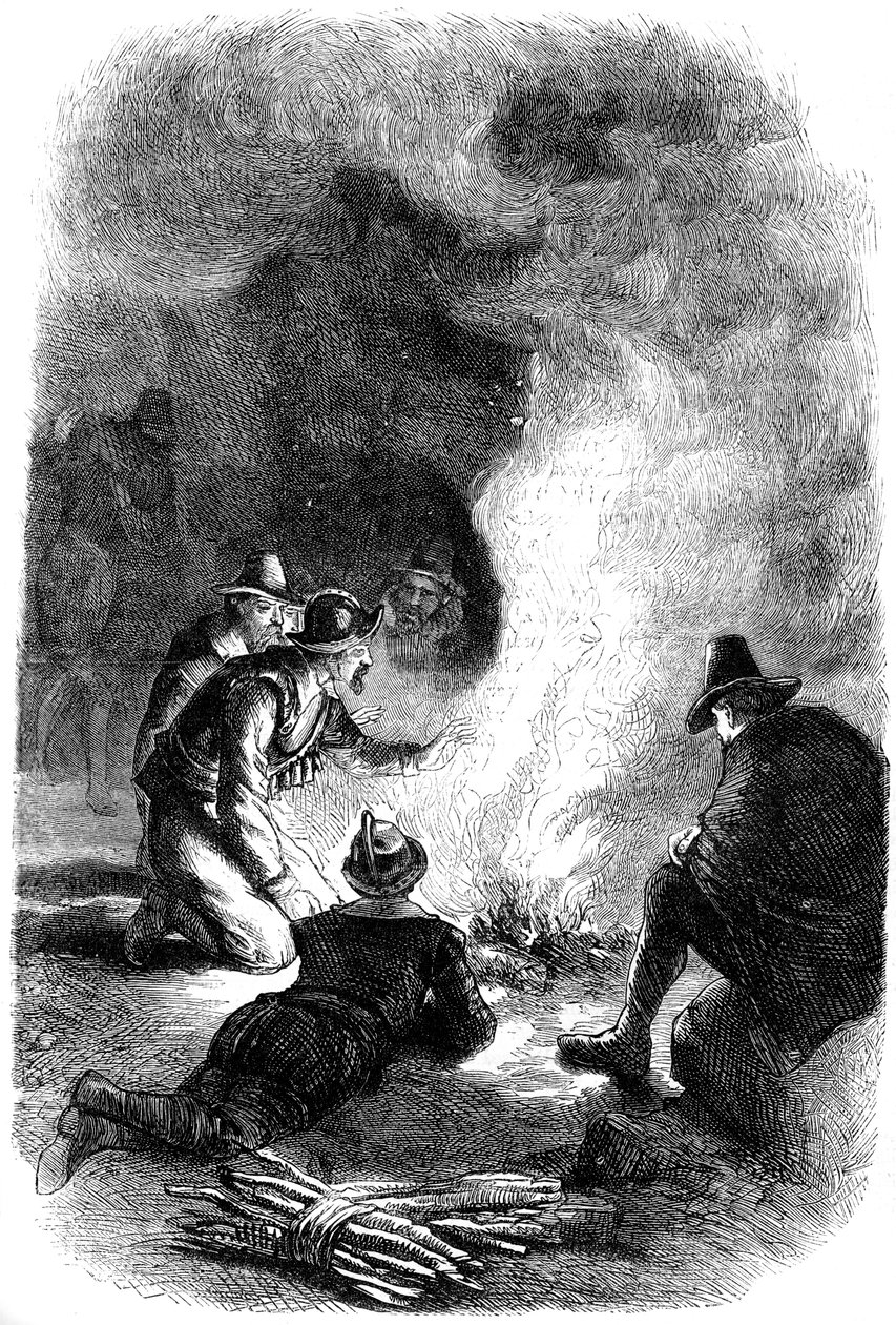 Pilgrimsfäder runt en vakteld, c1620 c1880 av Unbekannt