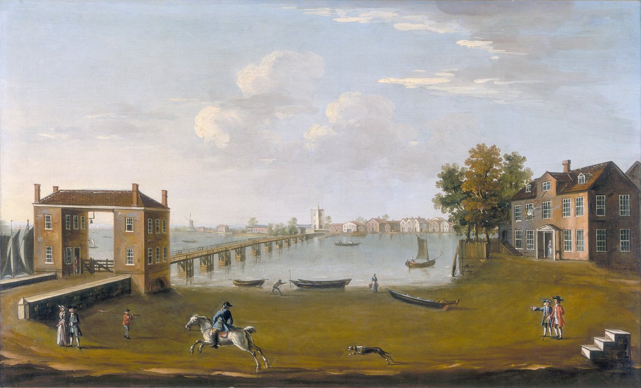 "Putney Bridge and Village från Fulham", c1750 av Unbekannt