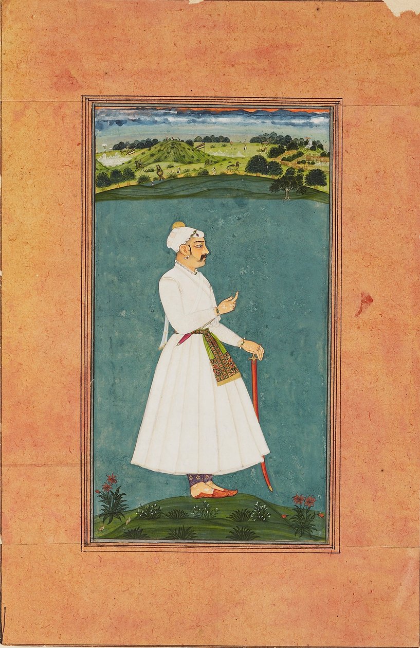 Sawai Jai Singh står i ett landskap, c1730 av Unbekannt