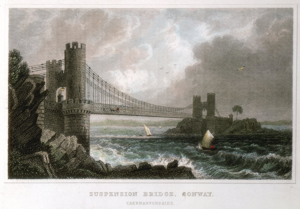 Hängbro över Conwys mynning, Wales, c1840 av Unbekannt