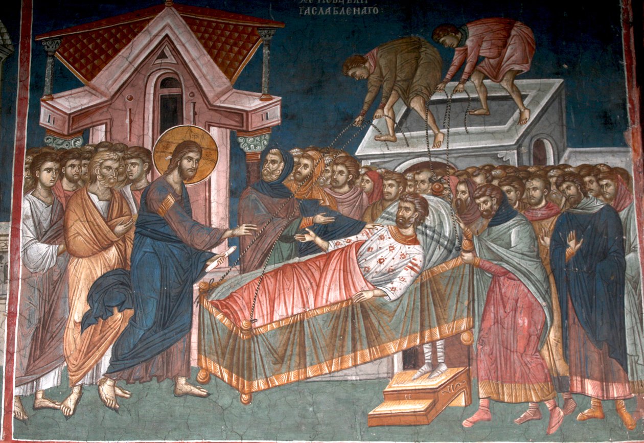 The Healing the paralytic i Kapernaum, ca 1350 av Unbekannt