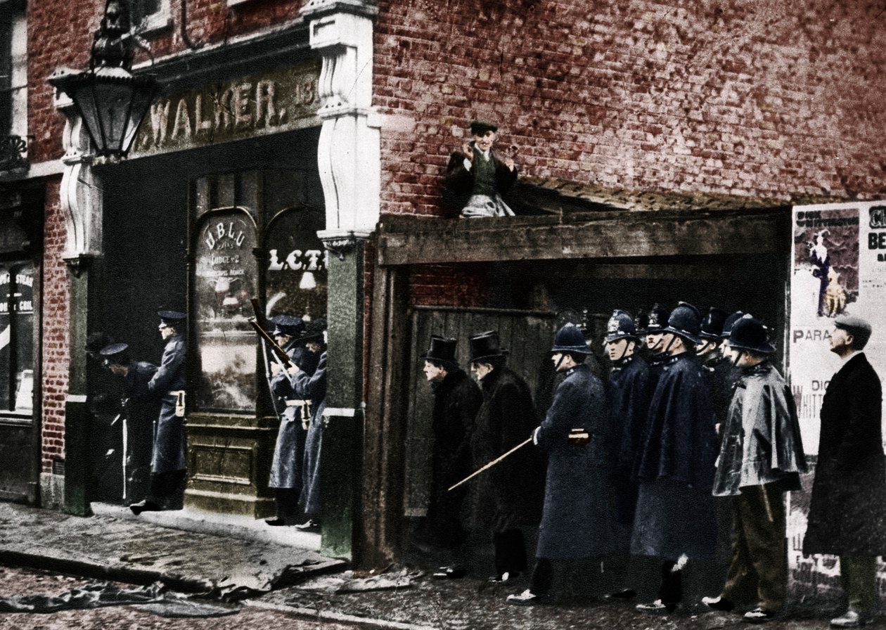 Sidney Street belägringen, Whitechapel, London, 1911, 1935. av Unbekannt