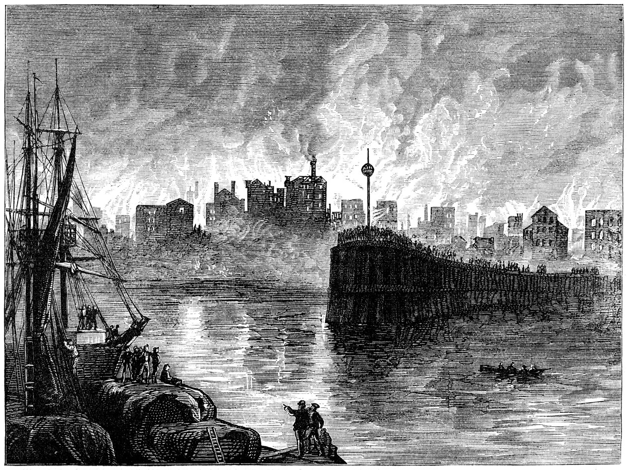 Brännandet av Chicago, Illinois, USA, 1871 c1880 av Unbekannt