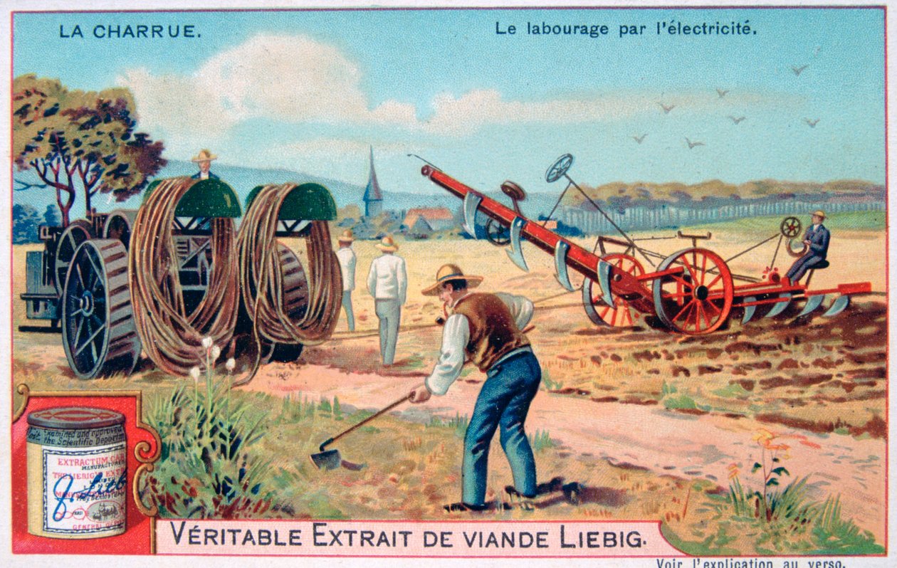 Plogen, jordbearbetning med el, c1900 av Unbekannt
