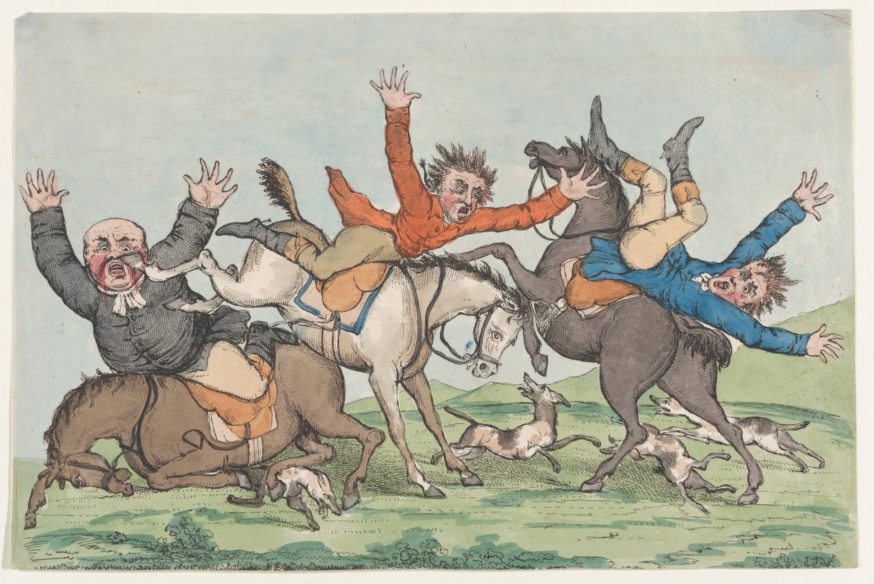 Tre ryttare faller från sina berg, 1780-1820. av Unbekannt