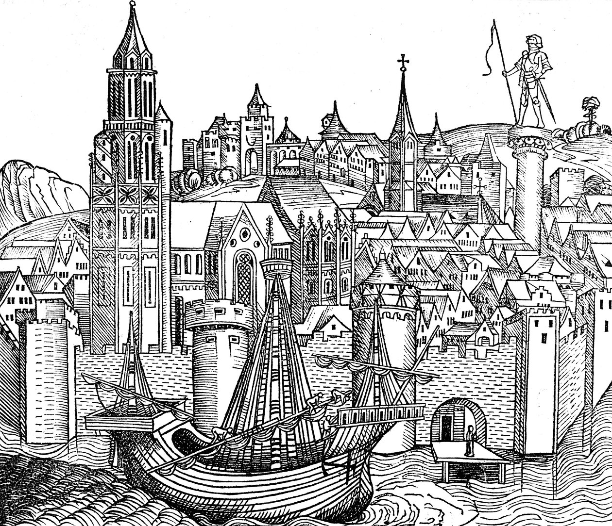Utsikt över befäst stad, 1493 av Unbekannt