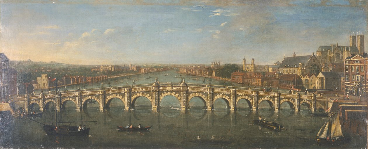 "Westminster Bridge från floden, tittar söderut", c1750 av Unbekannt