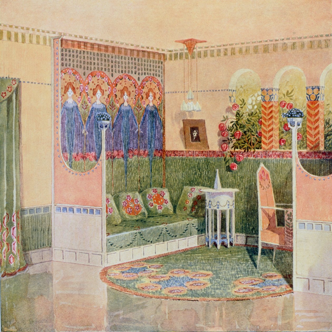 Boudoir, från en villa i Helsingfors ritad av arkitektbyrån Gesellius, Lindgren & Saarinen, från "Documents d"Art Moderne", 1903 av Unbekannt Unbekannt