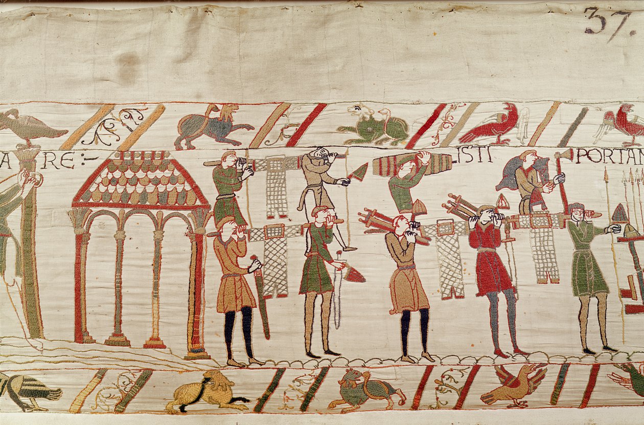 Normander bär vapen till skeppen, Bayeux Tapestry av Unbekannt Unbekannt