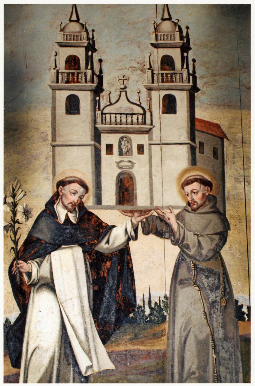 St Dominic och St Francis håller en miniatyrmodell av kyrkan i As Ermidas av Unbekannt Unbekannt