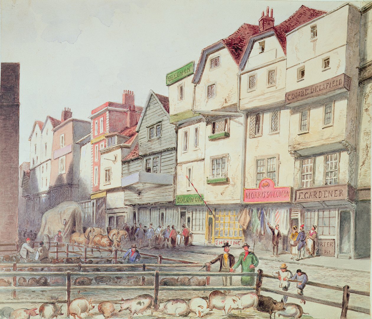 Utsikt över Long Lane, med grisar i boxar i en del av Old Smithfield Market, 1844 av Unbekannt Unbekannt