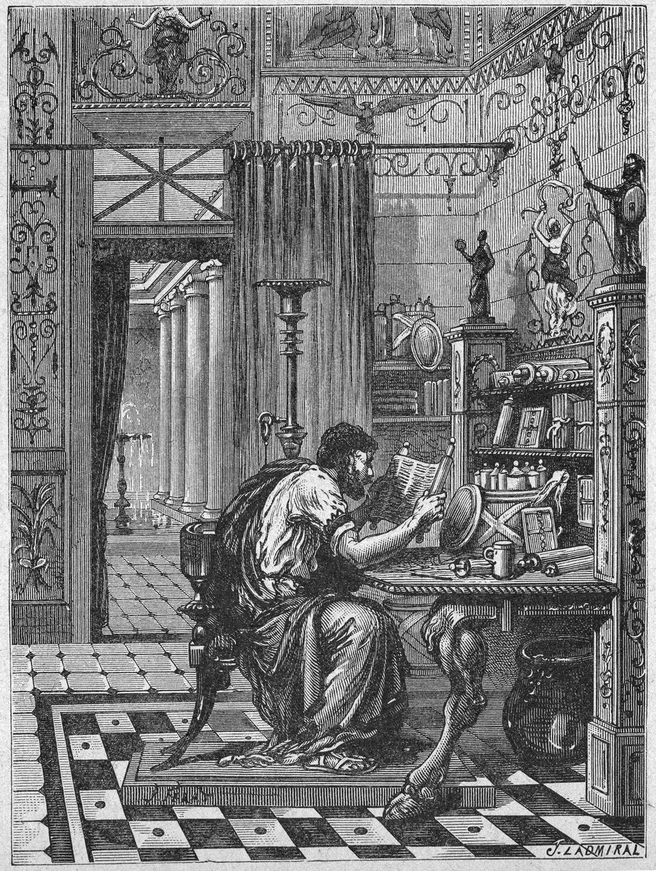 En romare i sitt bibliotek, ca 1880 (Gravyr) av Unbekannter Künstler