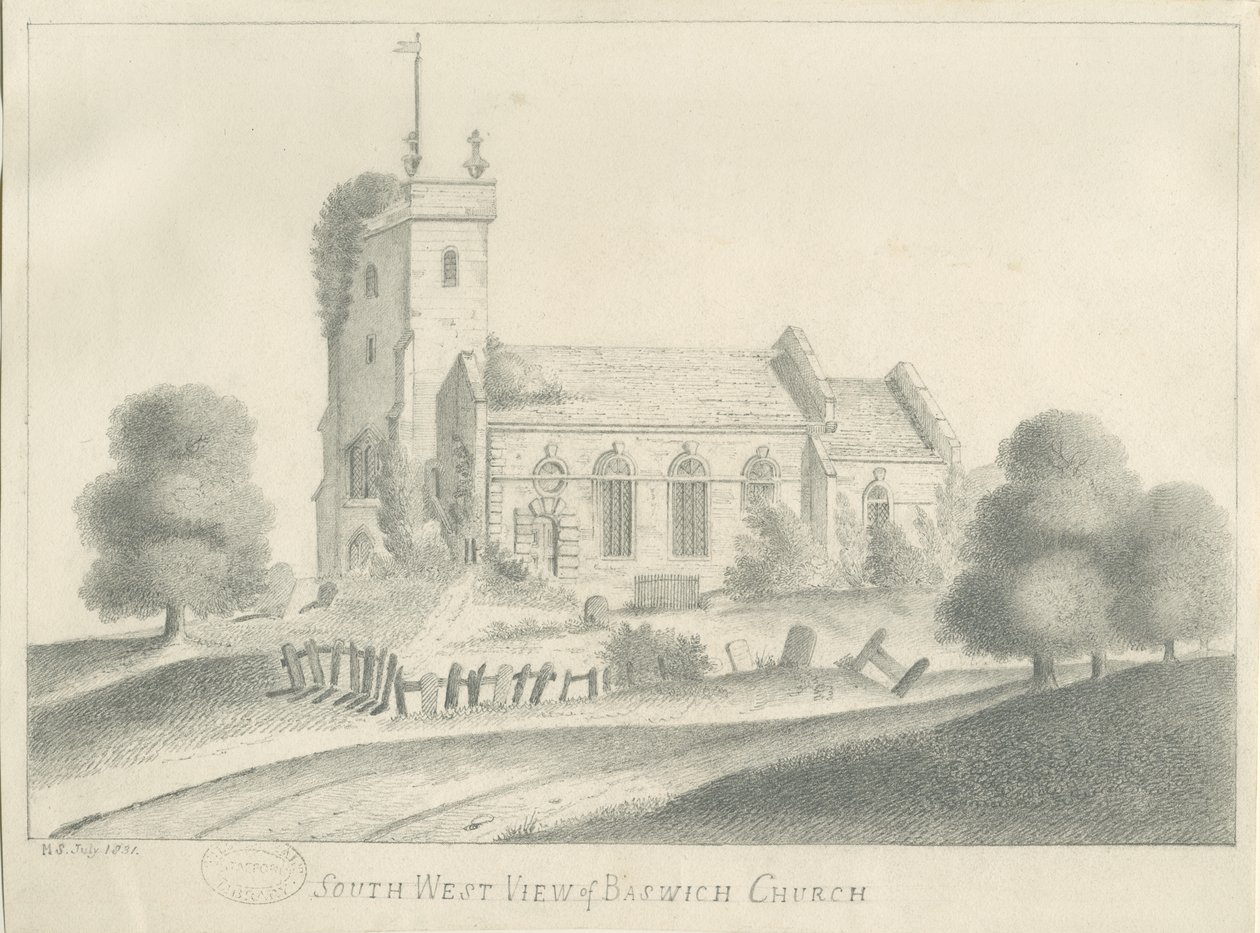 Baswich Church: blyertsteckning, juli 1831 av Unbekannt