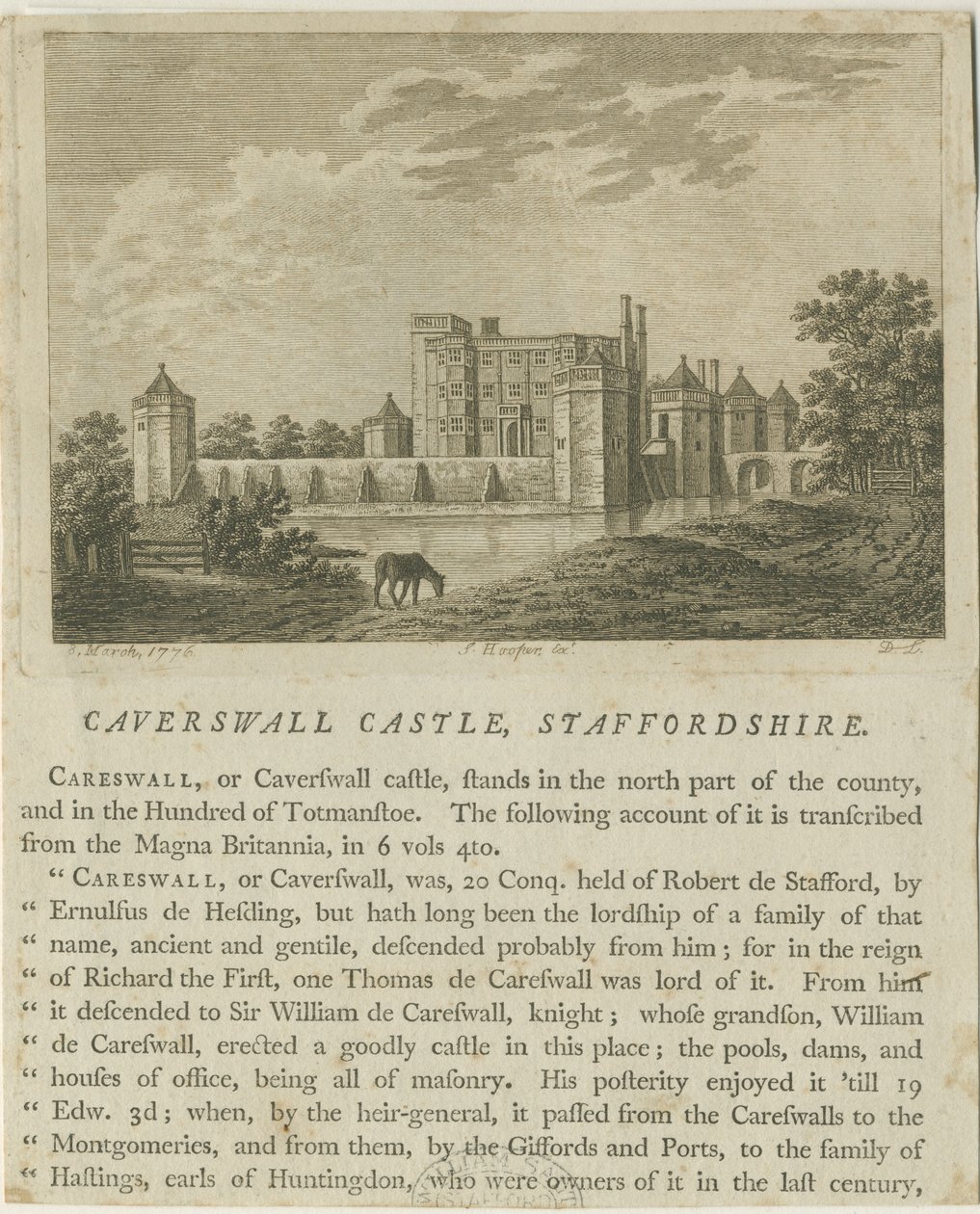 Caverswall Castle: gravyr i kopparplåt, 8 mars 1776 av Unbekannt