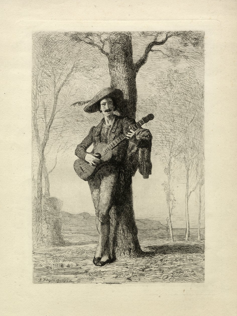 Gitarristen, Frankrike, ca 1870 (gravyr) av Unbekannter Künstler