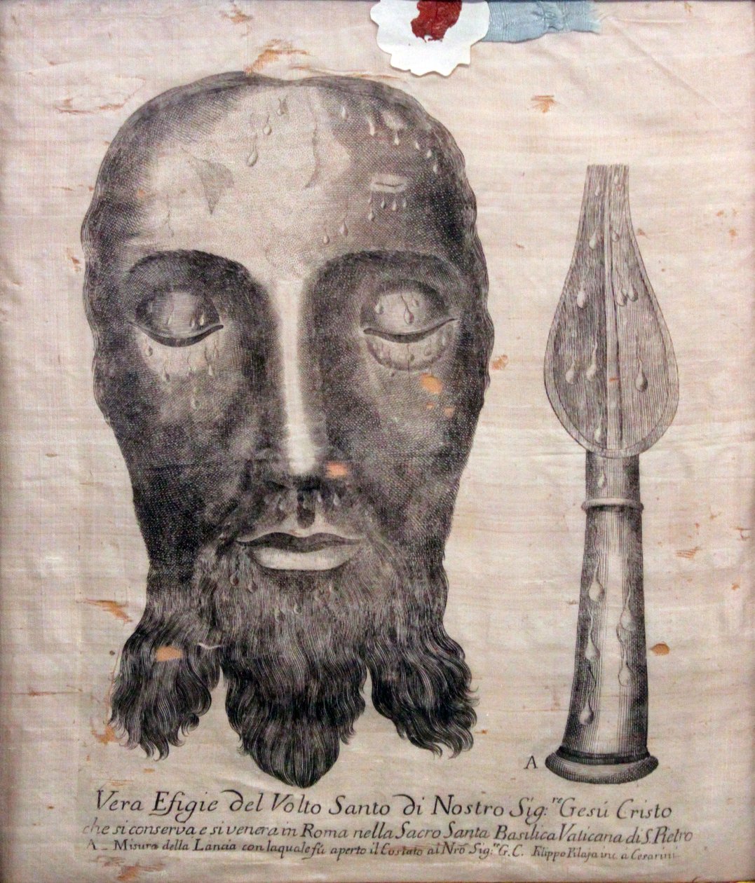 Face of Christ, according to the cloth of Saint Veronica in Rome, copper engraving from silk av Unknown