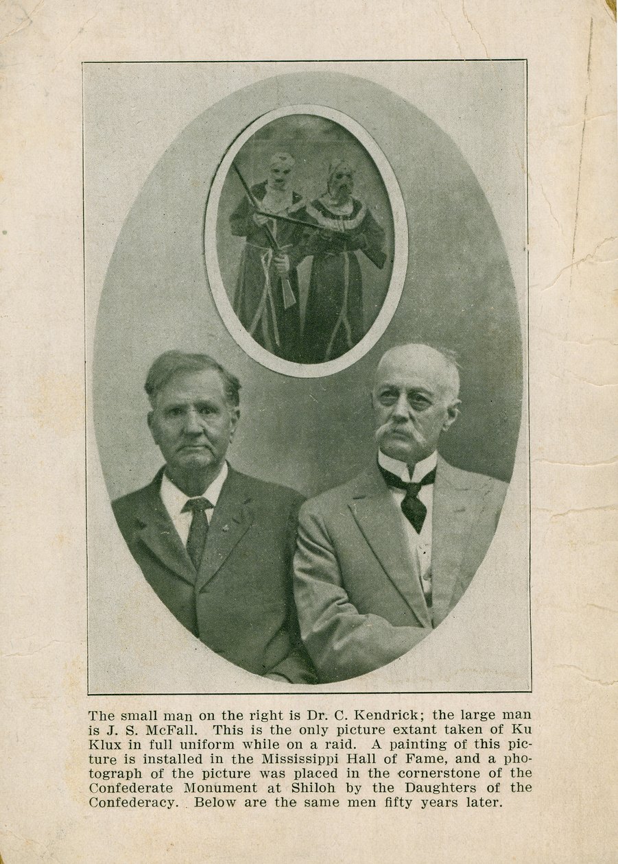 Photograph of two men in civilian suits beneath an image of two Ku Klux Klansmen  av Unknown