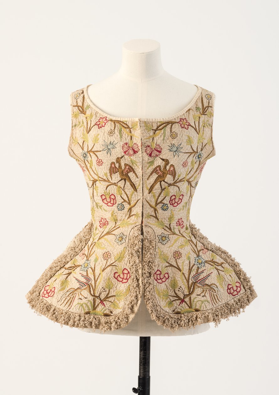 Grön och rosa linnebroderad damväst, 1700-tal (linne) av Unbekannt Unbekannt
