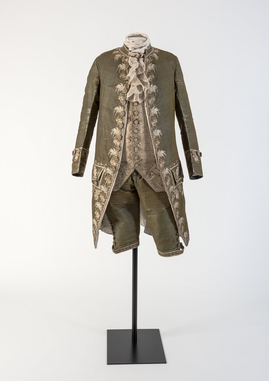 Mans gröna vävda sidenbroderade kappa och byxor, burna vid hovet, 1770-tal (siden) av Unbekannt Unbekannt
