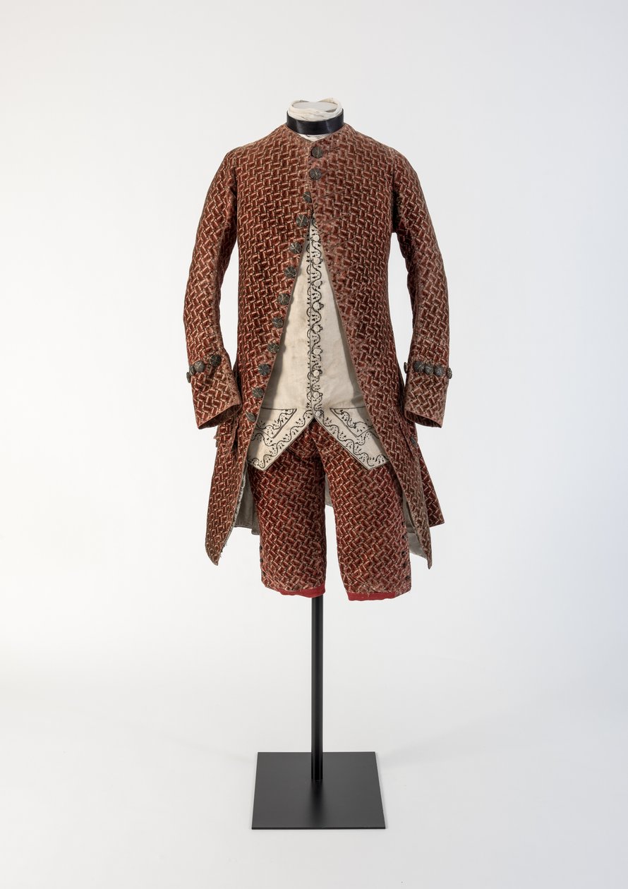 Mans röda vävda sammetsrock och byxor, 1750-tal (sammet) av Unbekannt Unbekannt