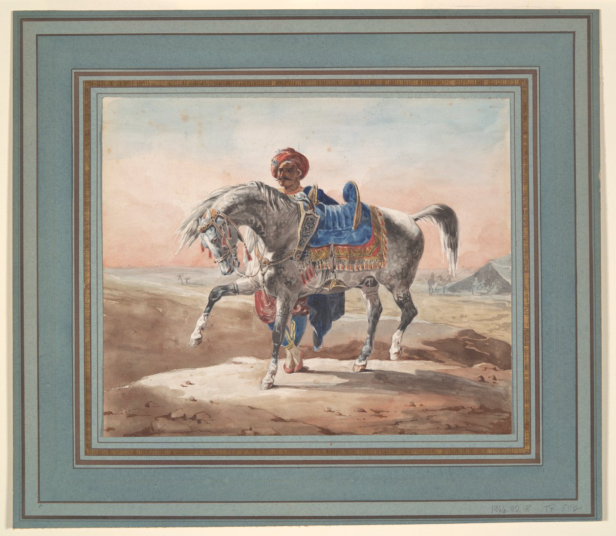 Arab som står vid en häst av Unknown