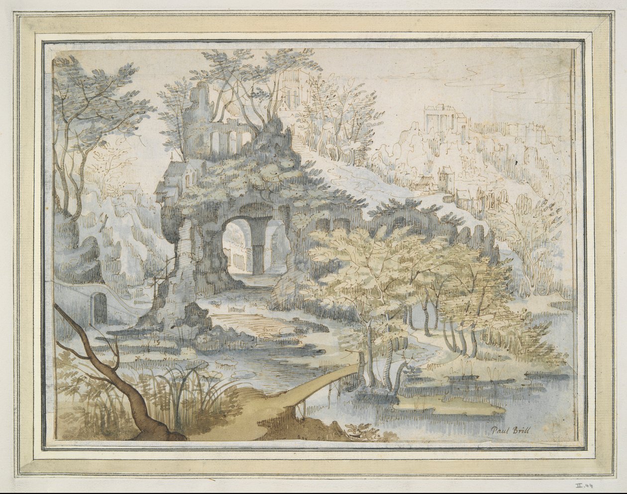 Landskap med byggnader på valvgång i klippor av Unknown