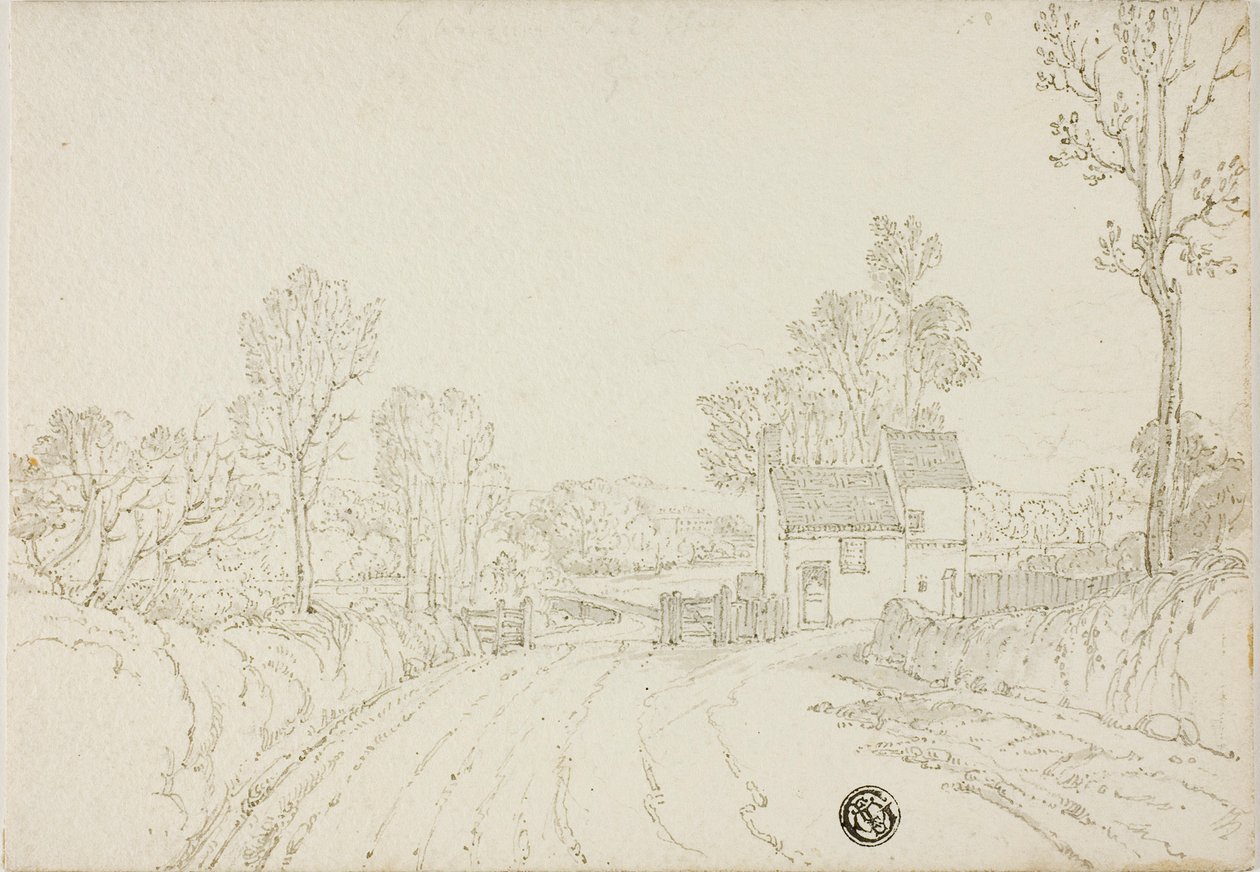 Väg förbi hus i landskap av Unknown