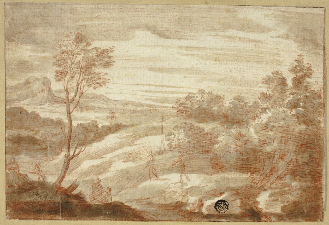 Skogbevuxen landskap med figurer av Unknown