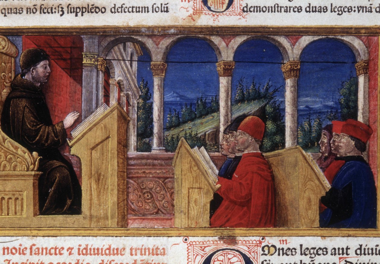 Kurs på universitetet. 1400-talsmanuskript. av Unknown artist