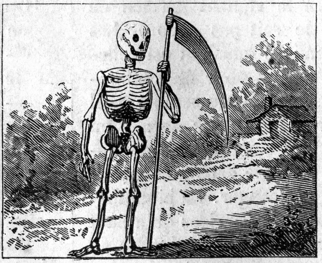 Döden representerad med en falsk. 1860 gravyr. av Unknown artist
