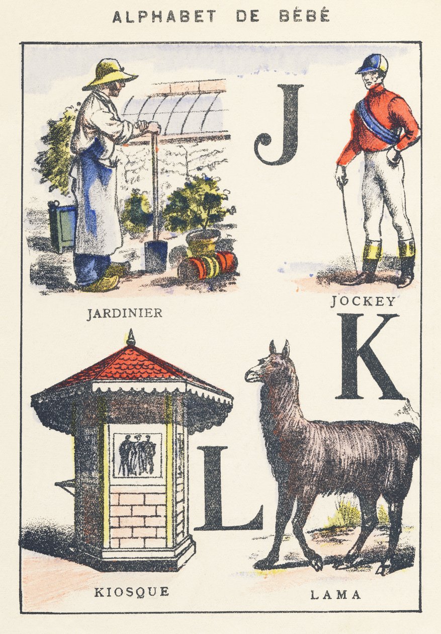 J K L: trädgårdsmästare, jockey, kiosk, lama av Unknown artist