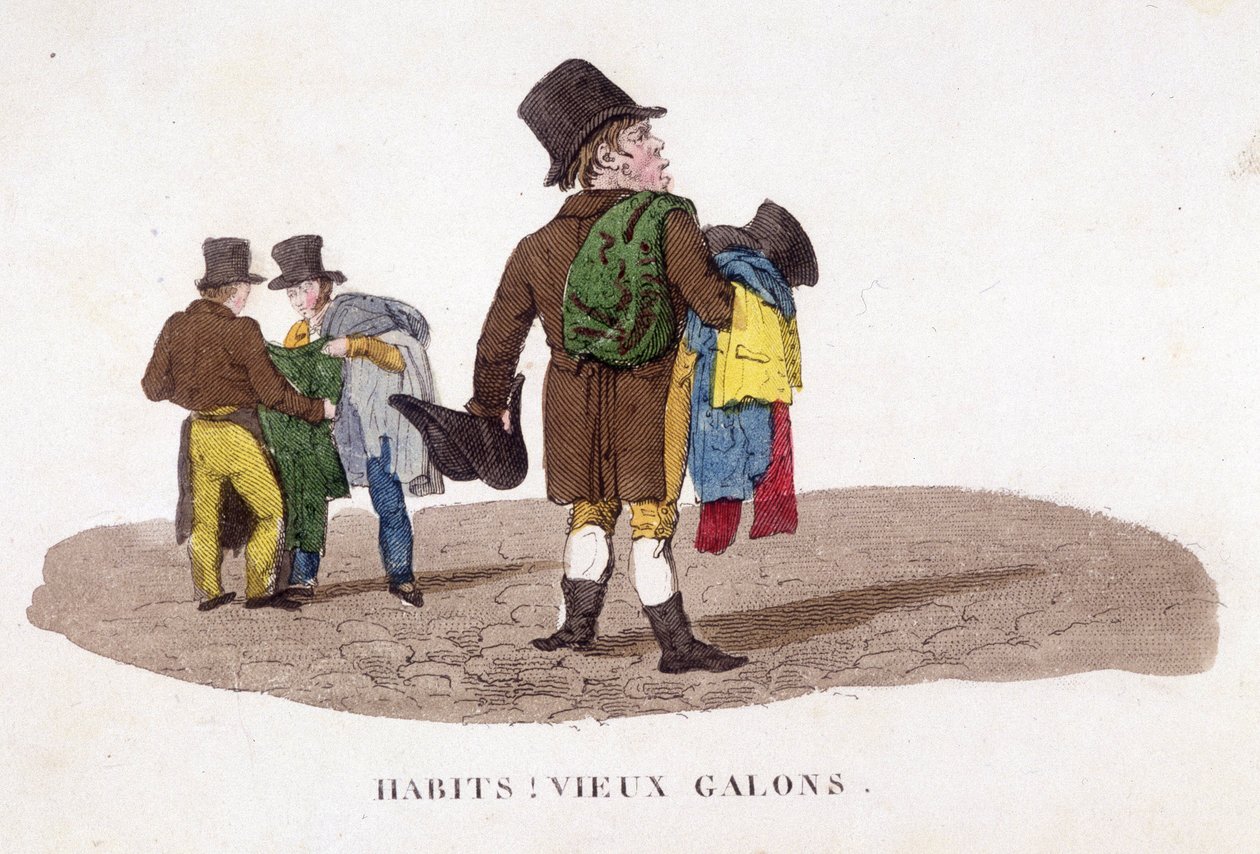 Man som säljer kläder på gatan. av Unknown artist