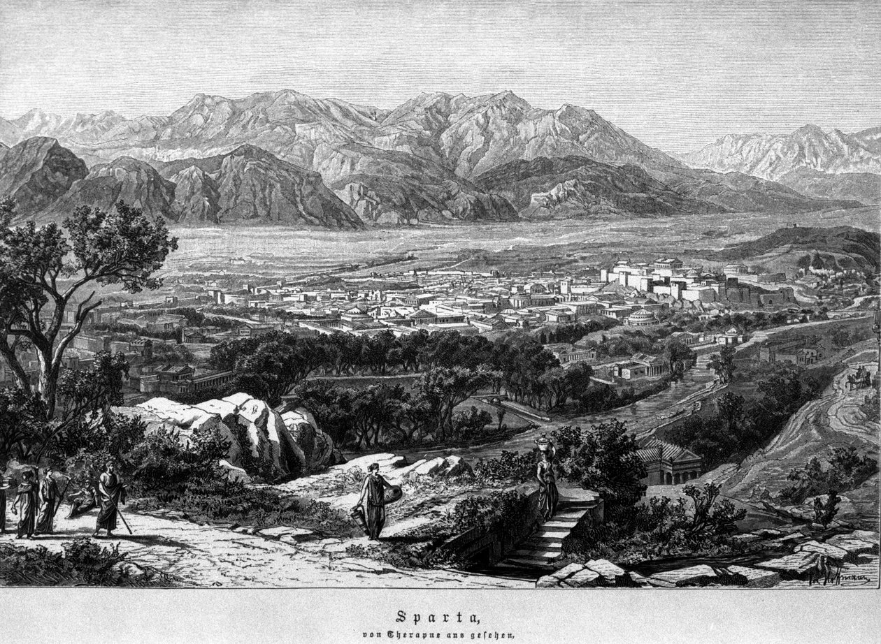 Utsikt över Sparta. 1800-talsgravyr. av Unknown artist